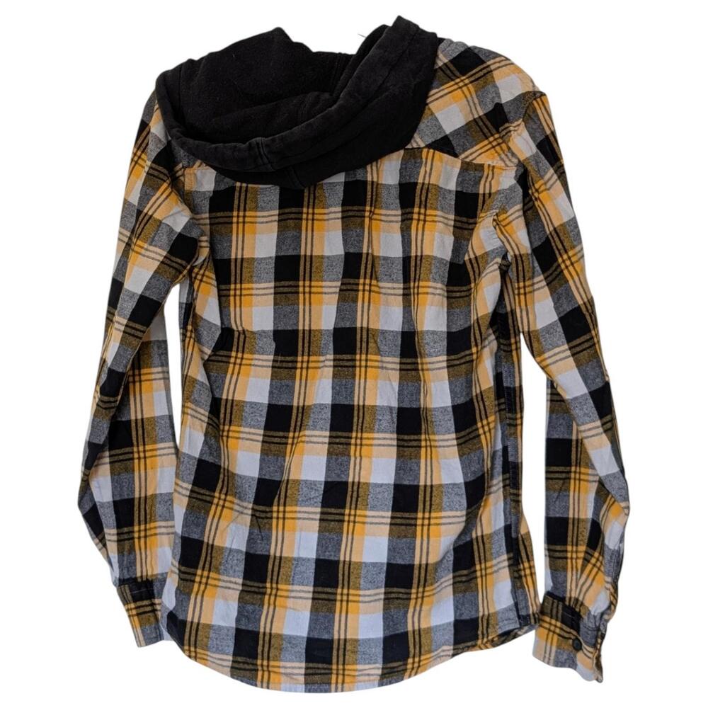 No Boundaries Shirt Mens XS Yellow Black‎ Gray Hooded Flannel Plaid Button Up - Picture 2 of 8